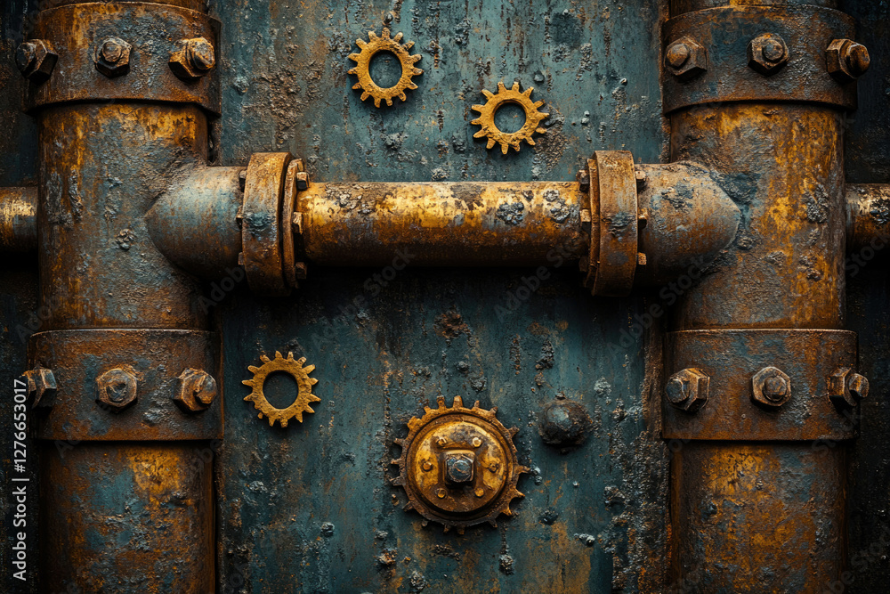 Rusty steampunk-style metal pipes and gears on a grunge background. Rusty steampunk-style metal pipes and gears on a grunge background.
