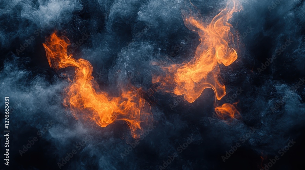 Fiery orange flames and smoke in dark background creating dramatic contrast and dynamic movement Fiery orange flames and smoke in dark background creating dramatic contrast and dynamic movement
