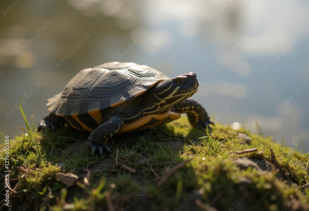 Obraz premium Turtle with patterned dark shell exploring mossy ground in a natural outdoor environment, showcasing its detailed texture and unique appearance