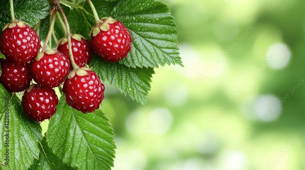 A vibrant bunch of fresh raspberries dangles gracefully from lush, green leaves, all set against a beautiful natural backdrop under the warm sunshine A vibrant bunch of fresh raspberries dangles gracefully from lush, green leaves, all set against a beautiful natural backdrop under the warm sunshine