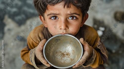 AI Generate A Child With A Dusty Hands And Torn Clothes Holding A Bowl