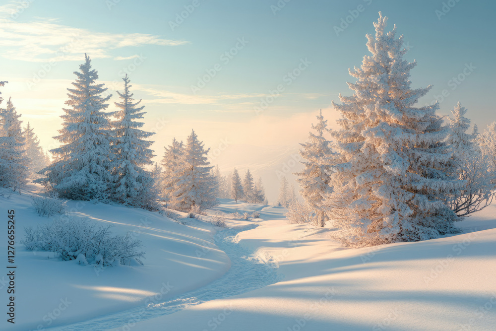 Snow-covered pine trees line a path through a tranquil winter landscape bathed in the soft glow of sunrise. Snow-covered pine trees line a path through a tranquil winter landscape bathed in the soft glow of sunrise.