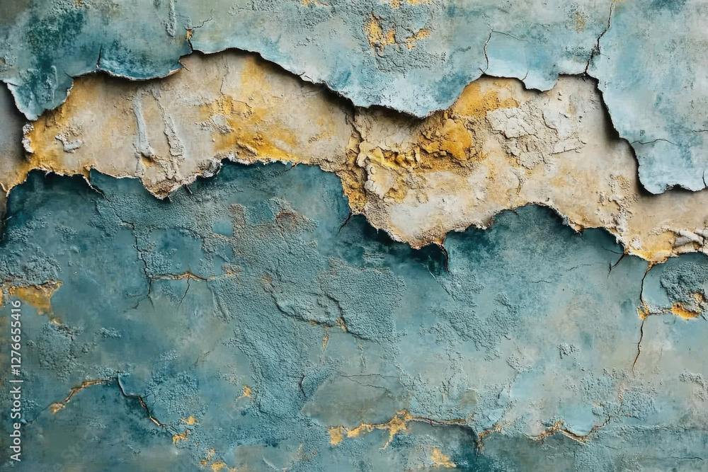 Textured wall with peeling blue and gold paint, showing age and weathering. Textured wall with peeling blue and gold paint, showing age and weathering.