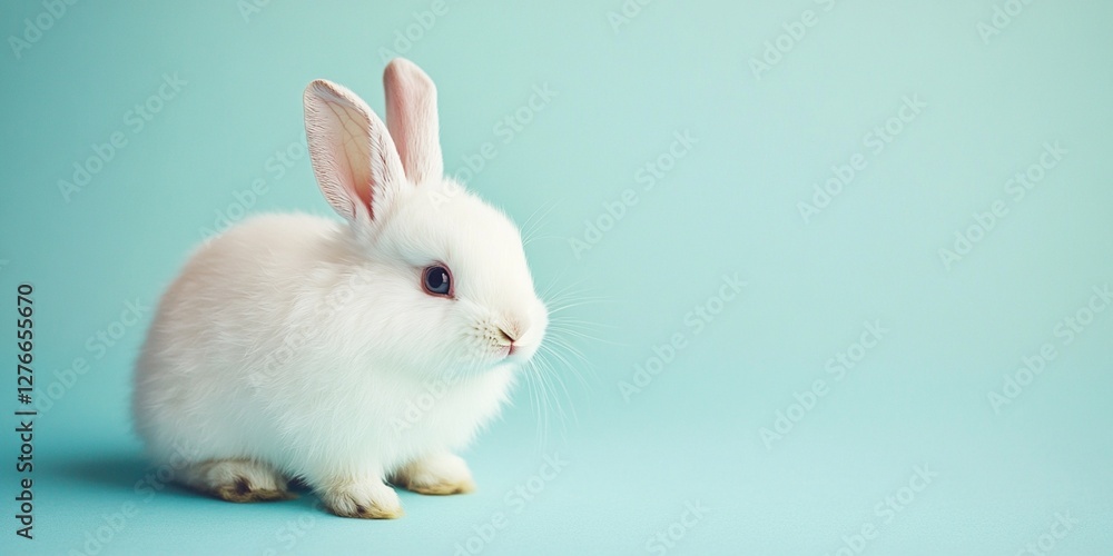 A small white bunny sitting on a pastel blue background, looking calm and peaceful A small white bunny sitting on a pastel blue background, looking calm and peaceful