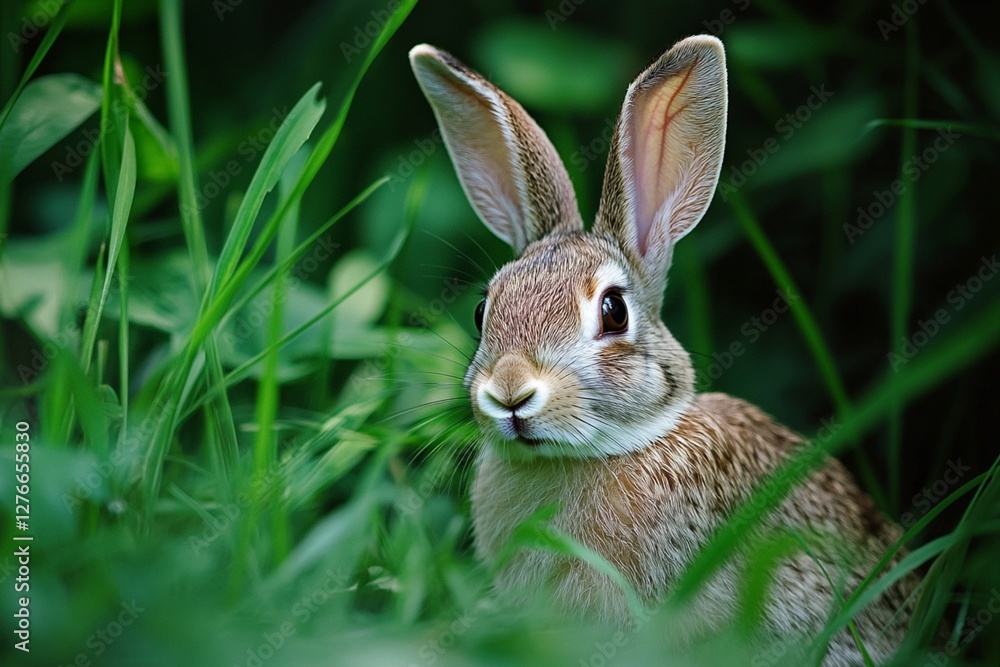 A wild rabbit sitting in lush green grass, attentively observing its surroundings with perked ears A wild rabbit sitting in lush green grass, attentively observing its surroundings with perked ears