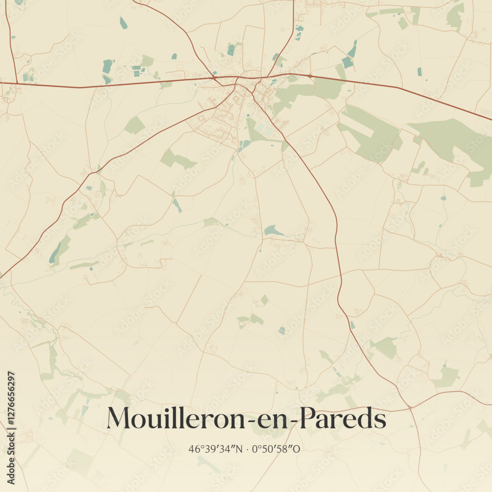 Fototapeta premium Vintage map of Mouilleron-en-Pareds, France.