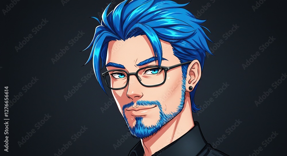 Obraz premium Animated Man with Blue Hair and Beard Wearing Glasses in Studio