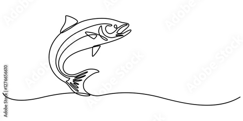 Fresh salmon fish in continuous line art drawing isolated on white background. Fresh food concept, Monoline Fishing Symbol, One Line Tuna Silhouette, Salmon Sign, Fish Endless Shape, pro Vector.  