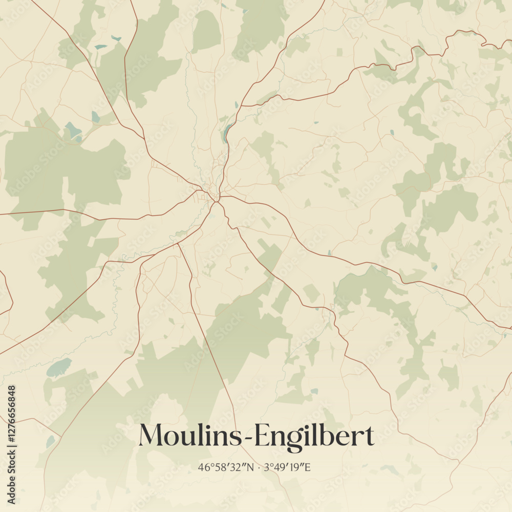 Fototapeta premium Vintage map of Moulins-Engilbert, France.