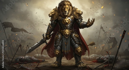 Lion Warrior King in Armor Standing Victorious on a Battlefield