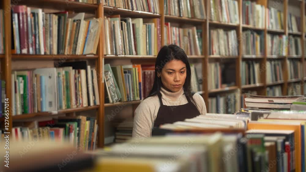 Concentrated worker organizing books in a secondhand bookstore. Focused employee arranging the shelves in a quiet and tidy shop environment. Concentrated worker organizing books in a secondhand bookstore. Focused employee arranging the shelves in a quiet and tidy shop environment.