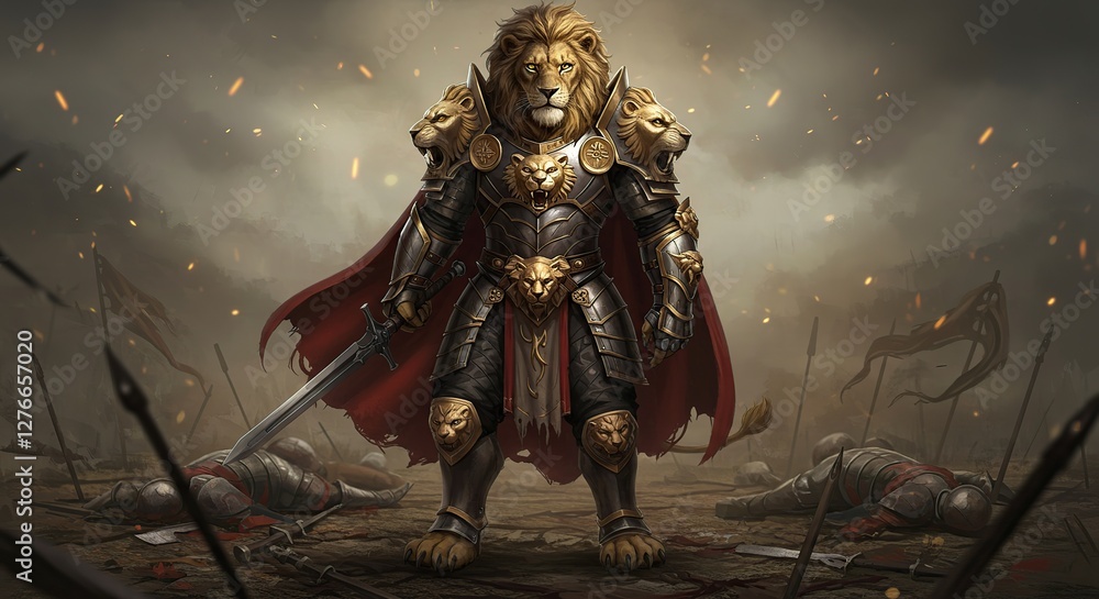 Fototapeta premium Lion Warrior Standing Victorious on Battlefield with Sword and Red Cape