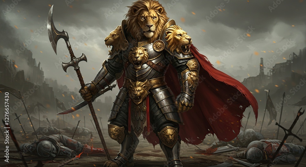 Fototapeta premium Lion Warrior in Armor Standing Over Battlefield Holding Spear Illustration