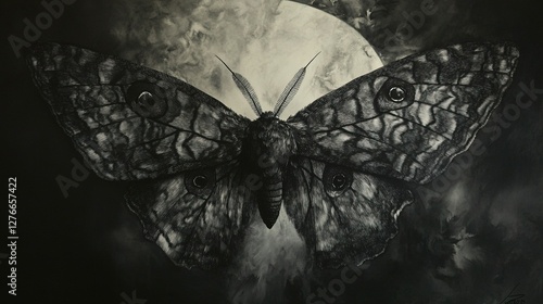 A black and gray moth, wings spread with detailed patterns, surrounded by soft moonlight and subtle shading.