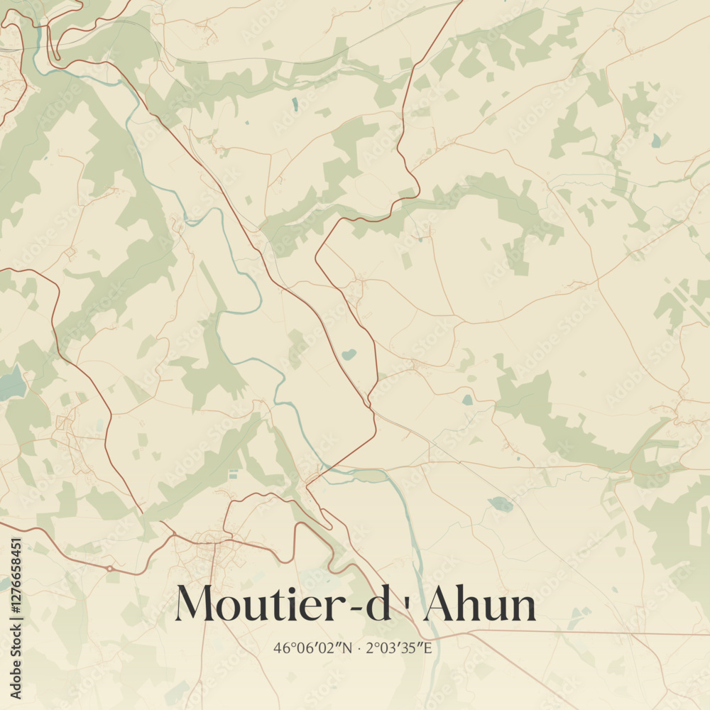 Fototapeta premium Vintage map of Moutier-d'Ahun, France.