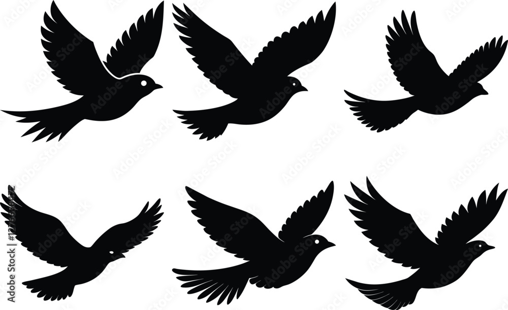 Fototapeta premium vintage flying bird silhouette set, drawing birds black silhouette