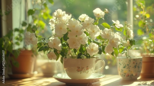 Wallpaper Mural White Roses Blooming In A Teacup By The Window Torontodigital.ca