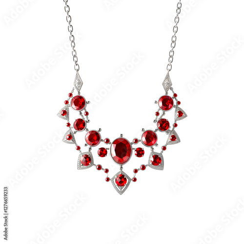 Silver necklace with red diamonds isolated on transparent background. Silver necklace with ruby, topaz, sapphir png. Jewelry and gemstones photo