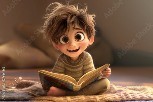 A cute animated young boy with a cheerful expression, seated comfortably and engrossed in reading a book
