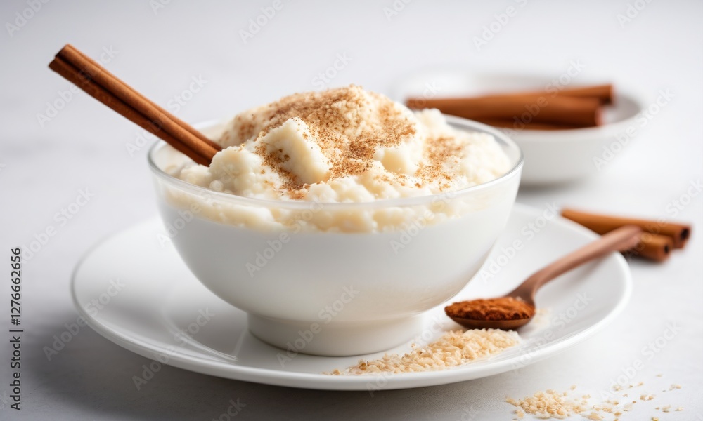 Creamy Rice Pudding with Cinnamon and Nutmeg on White Background Creamy Rice Pudding with Cinnamon and Nutmeg on White Background