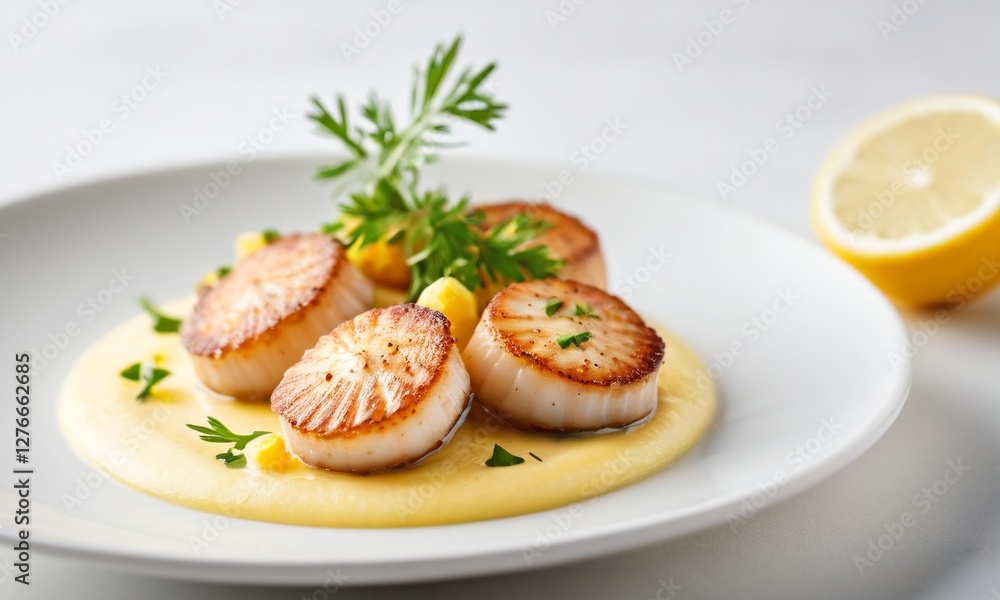 Grilled Scallops on Creamy Sauce with Herbs and Lemon Slice Grilled Scallops on Creamy Sauce with Herbs and Lemon Slice