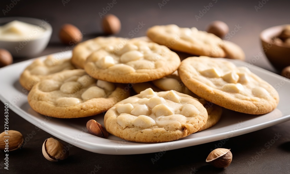 Freshly Baked White Chocolate Cookies on a Elegant Plate Freshly Baked White Chocolate Cookies on a Elegant Plate
