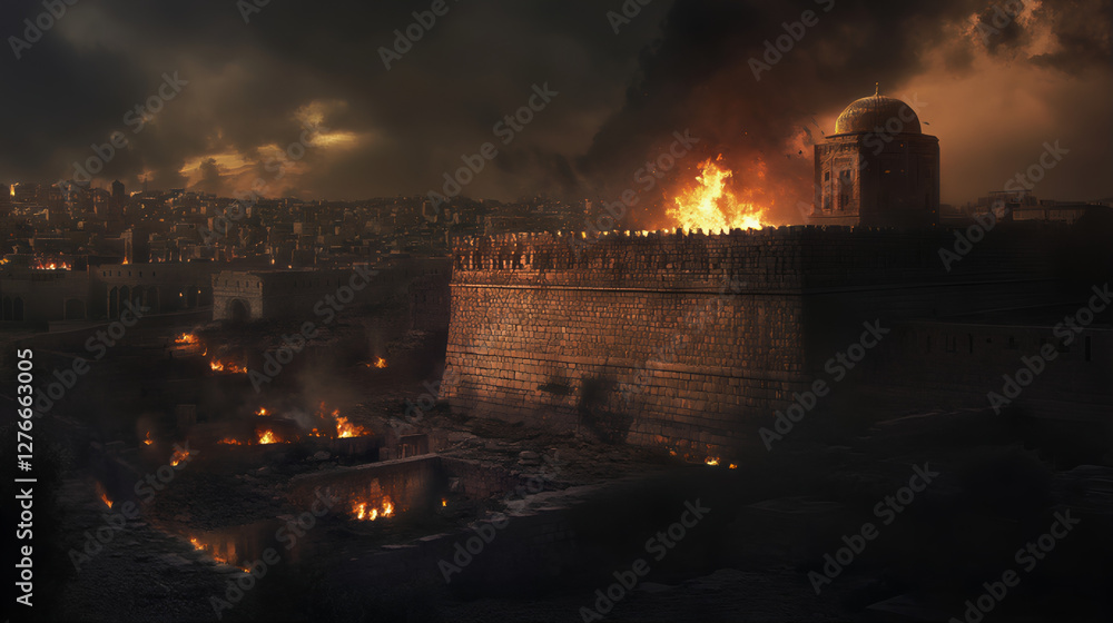 Obraz premium Destruction of ancient city of Jerusalem in 607 B.C.E by Chaldean soldiers under rulership of Babylonian King Nebuchadnezzar II, Jews were killed and others taken captives for disobedience to God