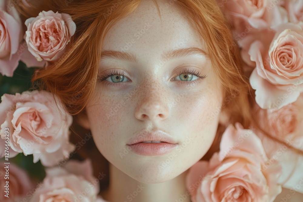 Naklejka premium Portrait of beautiful young woman with freckles and green eyes surrounded by pink roses