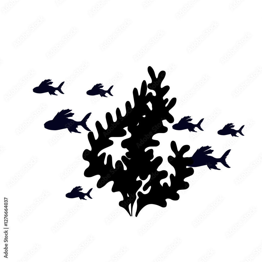 Fototapeta premium Silhouette, stamp of schools of small fish in seaweed. Vector graphics.