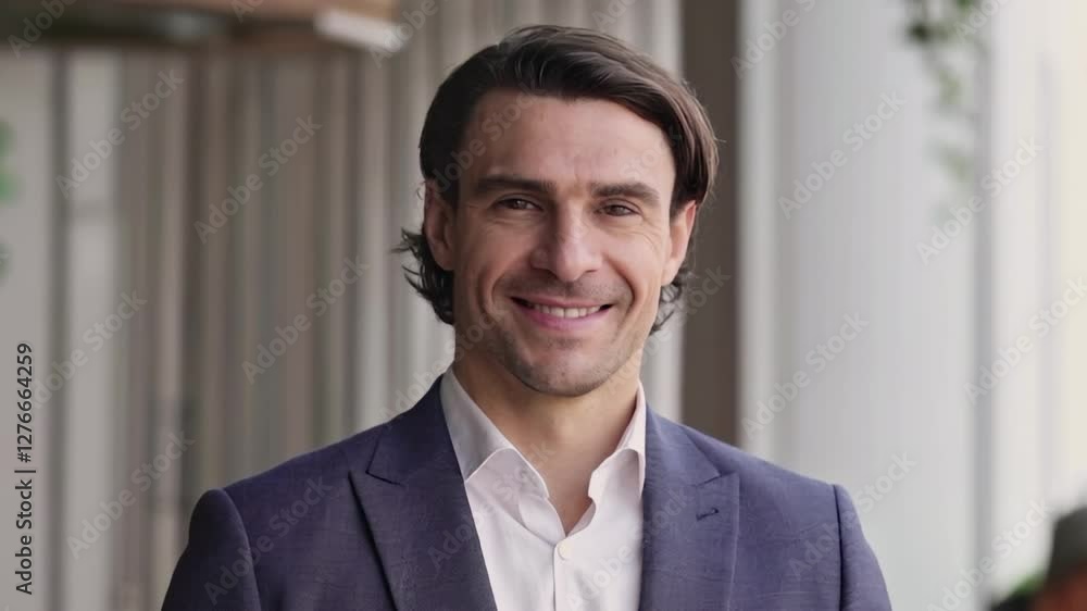 Confident man with dark hair smiling in a business suit outdoors in office setting during daytime Confident man with dark hair smiling in a business suit outdoors in office setting during daytime