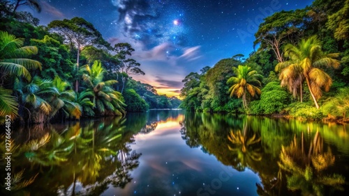 Lush Amazonian jungle at night, captured in breathtaking high-resolution HDR photography.  Brazil & Colombia.