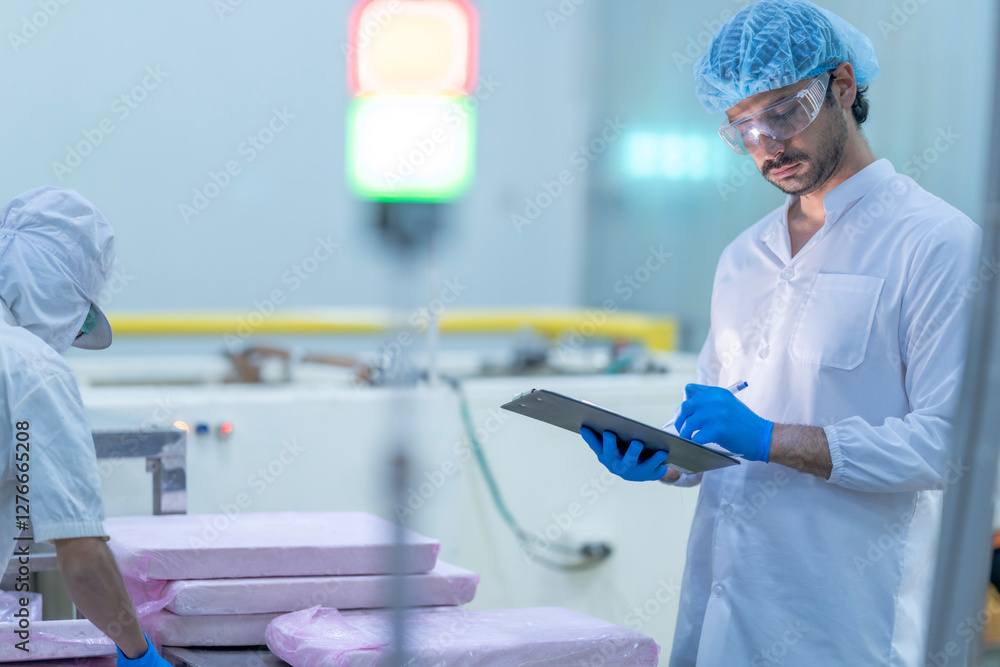 A quality control inspector in a food processing facility monitors production, ensuring hygiene, safety, and compliance with regulations in a modern industrial packaging line. A quality control inspector in a food processing facility monitors production, ensuring hygiene, safety, and compliance with regulations in a modern industrial packaging line.