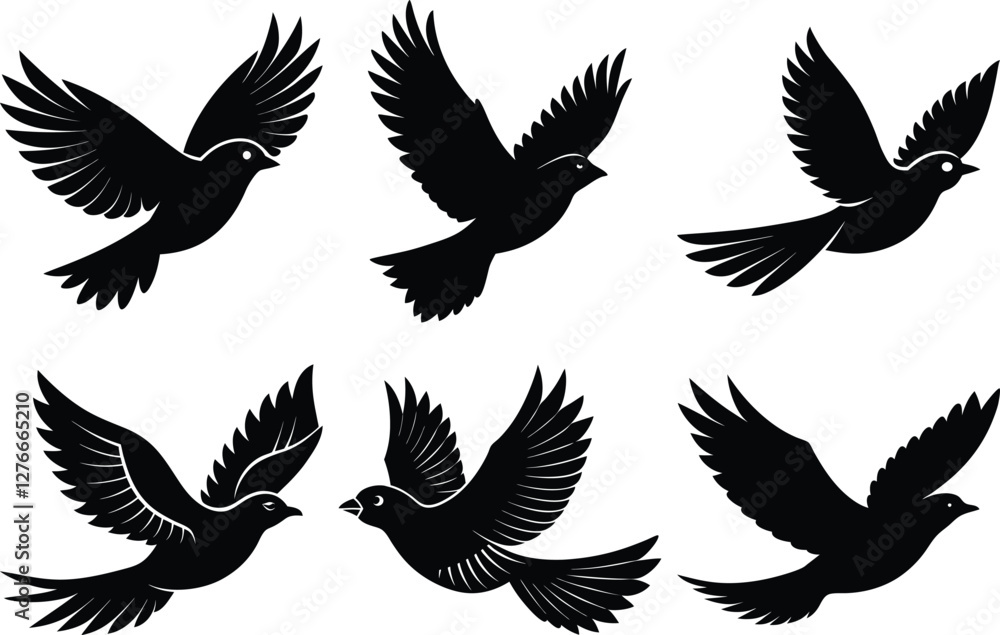 Obraz premium vintage flying bird silhouette set, drawing birds black silhouette