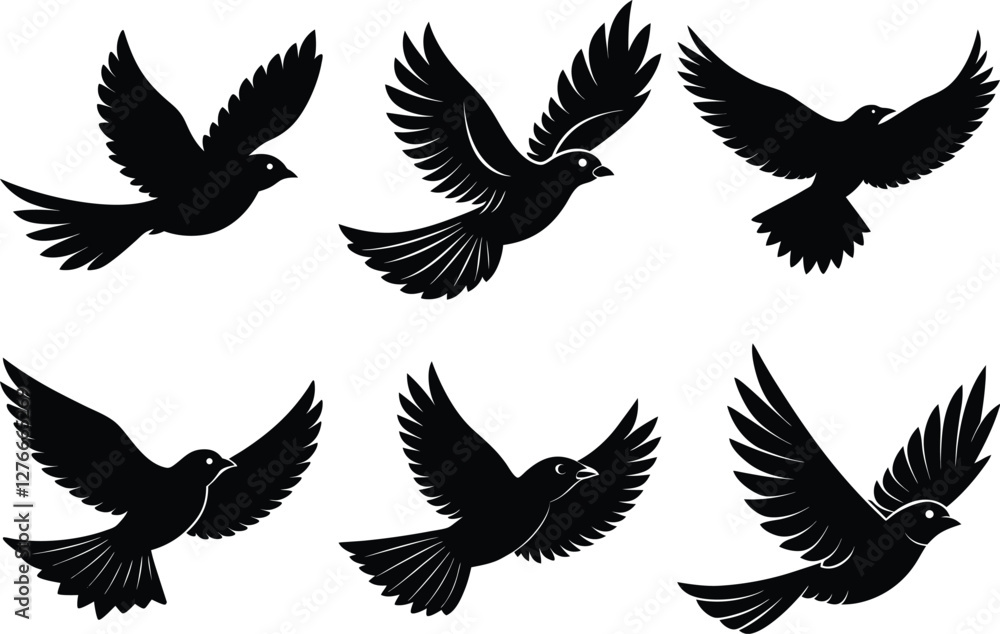 Obraz premium vintage flying bird silhouette set, drawing birds black silhouette