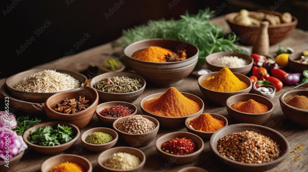 vibrant display of various spices and herbs arranged in bowls, showcasing rich palette of colors and textures. This image captures essence of culinary preparation and beauty of natural ingredients vibrant display of various spices and herbs arranged in bowls, showcasing rich palette of colors and textures. This image captures essence of culinary preparation and beauty of natural ingredients