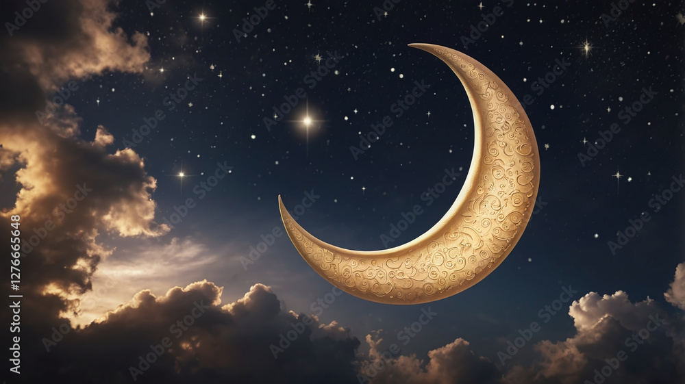 Naklejka premium stunning crescent moon shines brightly against starry night sky, surrounded by soft clouds. intricate patterns on moons surface add touch of elegance to this celestial scene