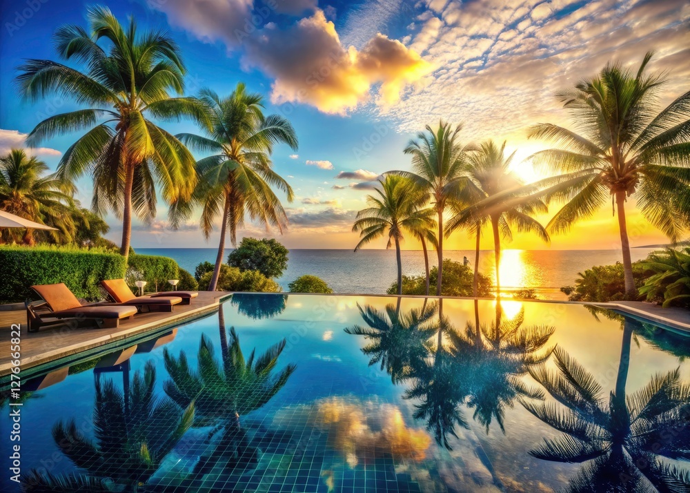 Fototapeta premium Luxury awaits at Tropical Paradise Resort. Ocean view pool, swaying palms, ultimate getaway.