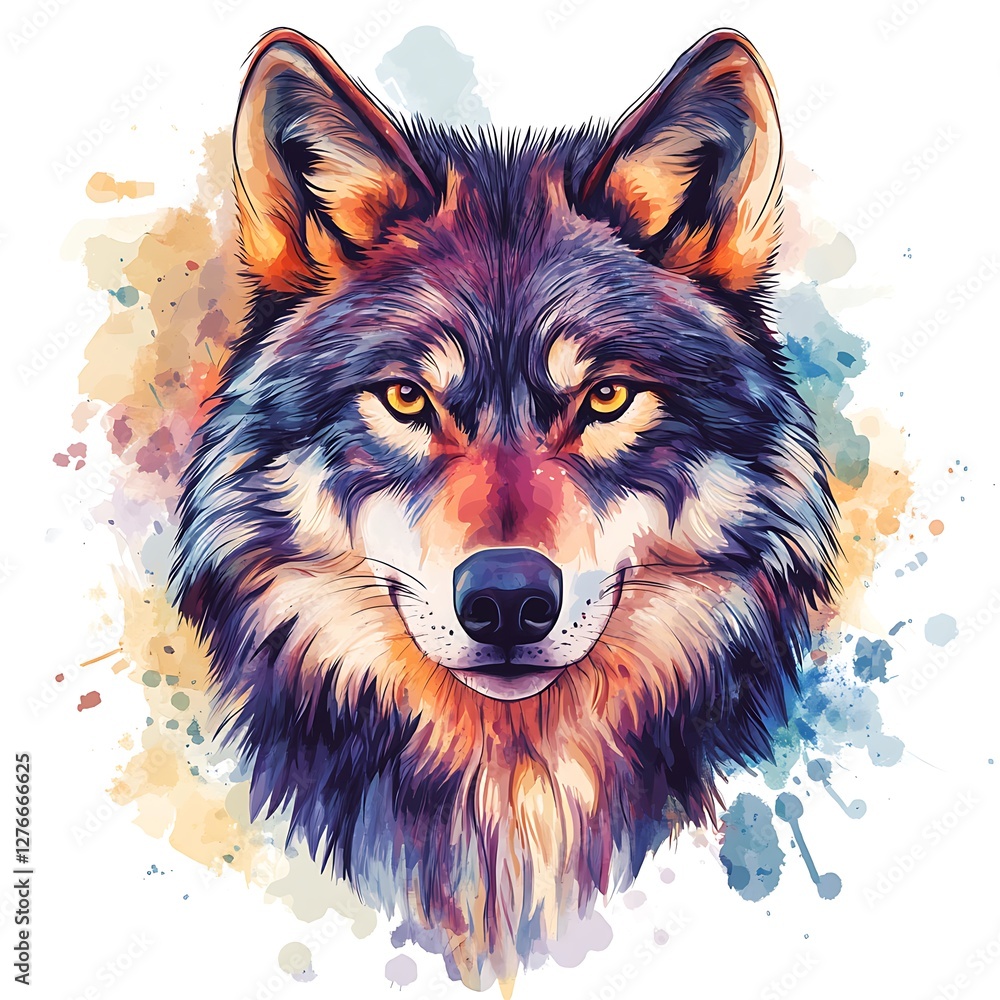 Fototapeta Colorful wolf portrait, artistic watercolor style