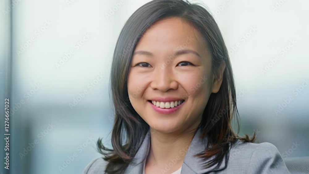 Smiling asian woman with sleek hair in professional attire at bright corporate office near window Smiling asian woman with sleek hair in professional attire at bright corporate office near window