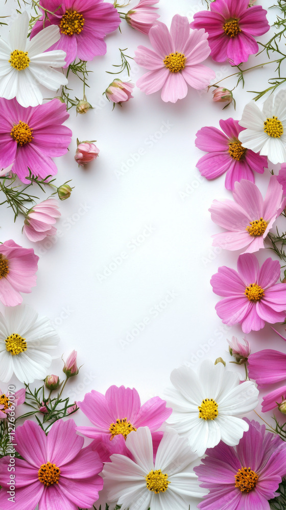 A top view of wild pink and white flowers, chaotically arranged around empty space for text, framed by nature beauty with a clean white background, offering a fresh, minimal feel A top view of wild pink and white flowers, chaotically arranged around empty space for text, framed by nature beauty with a clean white background, offering a fresh, minimal feel