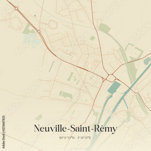 Vintage map of Neuville-Saint-Rémy, France.