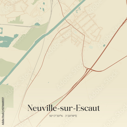 Vintage map of Neuville-sur-Escaut, France.