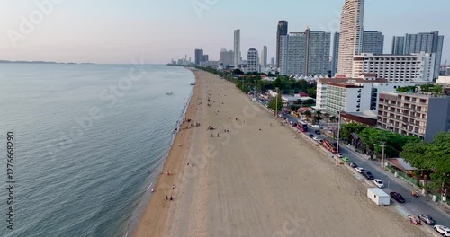 Aerial view of Jomtien beach. before sunset many traveler come to relax look a sunset and happy playing sand and sea on vacation