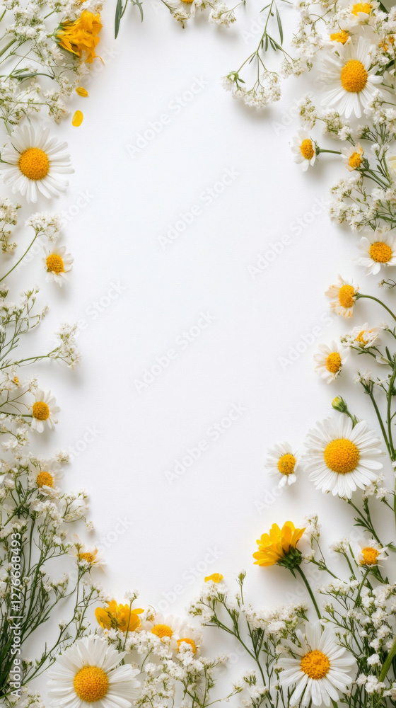 Fototapeta premium Bright yellow and white wildflowers scatter around a blank area, creating a clean, serene frame with a white backdrop, ideal for text or creative use in a minimal style