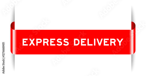 Red color inserted label banner with word express delivery on white background