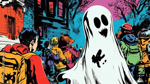 pop art ghost surprising trick-or-treaters photo