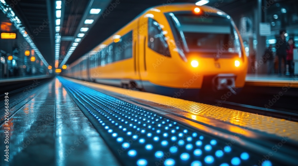 Yellow train arriving at platform, city station Yellow train arriving at platform, city station