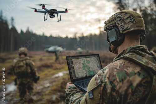 Soldier controlling drone flight with laptop showing map during military operation in forest