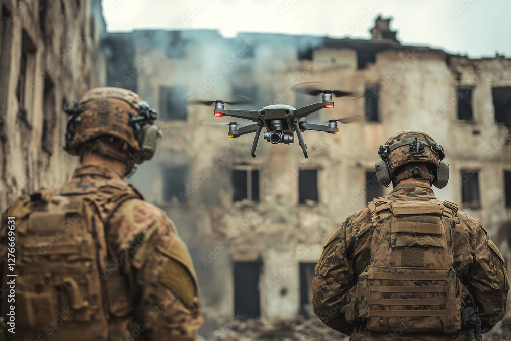 Fototapeta premium Two soldiers operating a drone over a destroyed building during a military operation