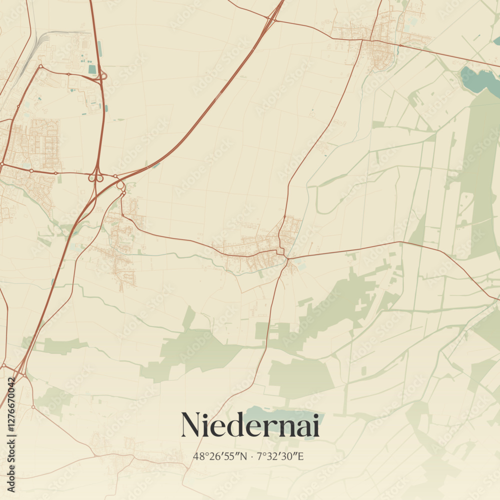 Fototapeta premium Vintage map of Niedernai, France.